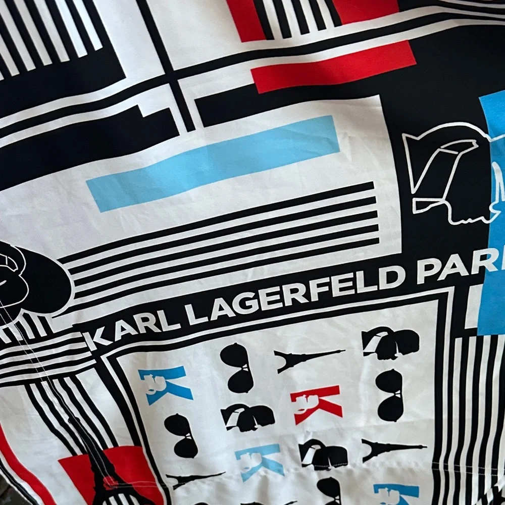 Karl Lagerfeld Black White Red Blue Graphic Panel Dress - Picture 10 of 11